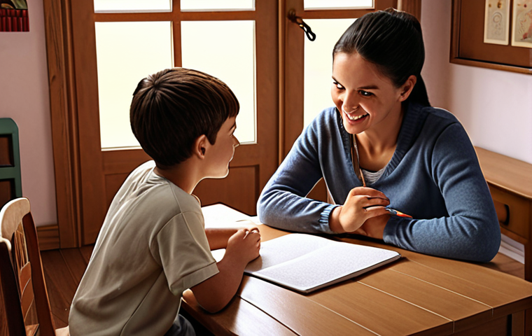 **A warm, inviting home setting with a teacher giving a personalized English lesson to a student.** *(Keywords: tutoring, cozy, friendly, language learning, home environment)*