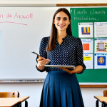**Image:** A Parisian teacher, fully clothed in a stylish but modest outfit (e.g., a chic blouse and skirt or trousers), stands in a bright, modern classroom. Students are engaged in a language learning activity using tablets. Background features include a whiteboard with French vocabulary and posters promoting cultural exchange. *Safe for work, appropriate content, fully clothed, professional, family-friendly, perfect anatomy, correct proportions, natural pose.*