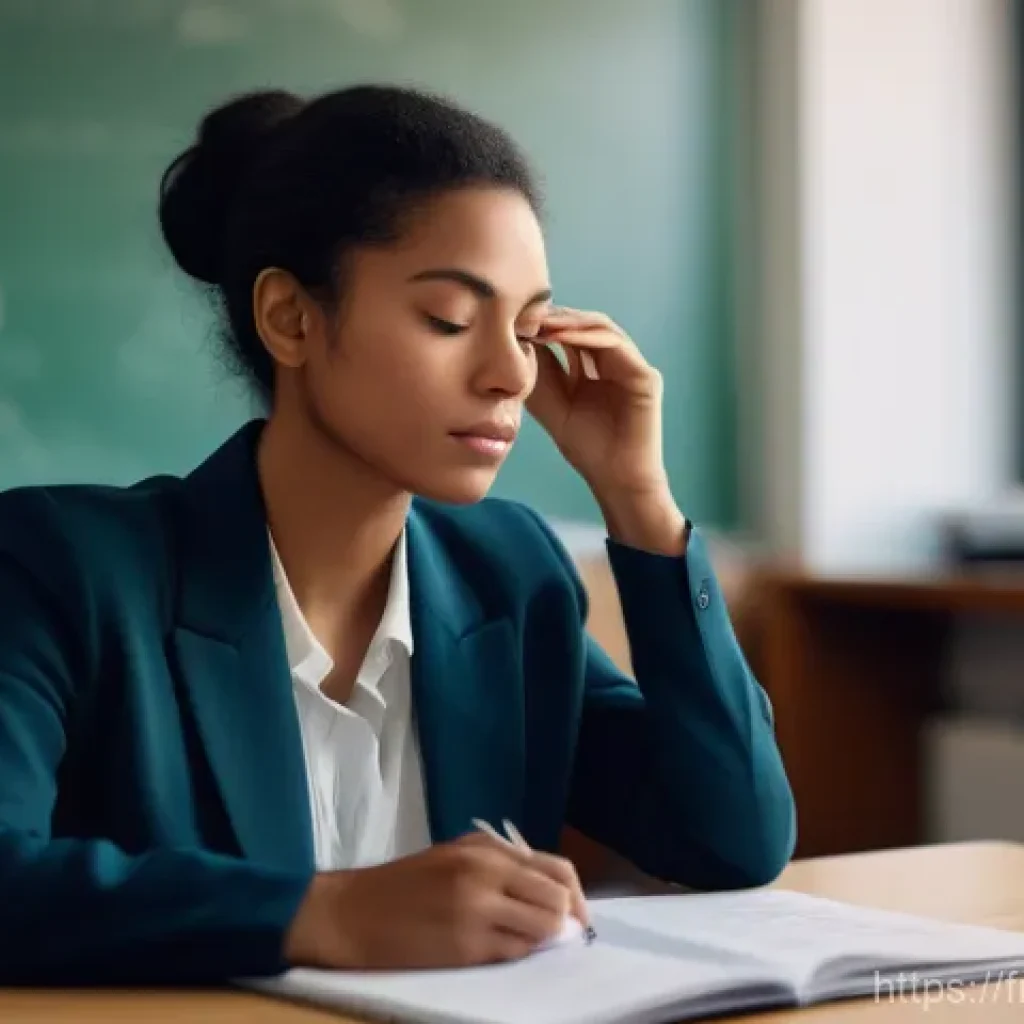 TESOL 강사로서의 감정 관리 기술 - **Prompt:** A mid-30s female teacher, professionally dressed in a smart blazer and blouse, sits at a...