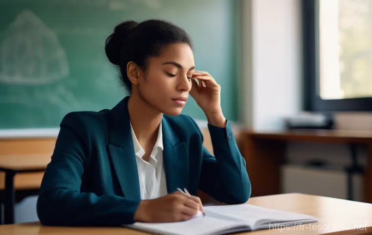 TESOL 강사로서의 감정 관리 기술 - **Prompt:** A mid-30s female teacher, professionally dressed in a smart blazer and blouse, sits at a...