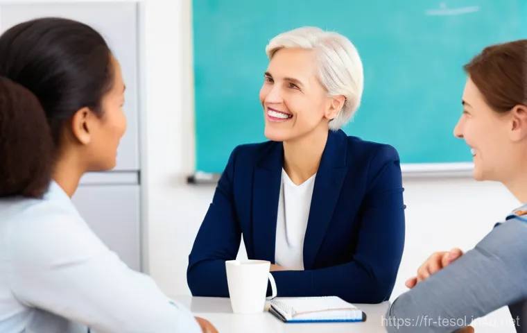 TESOL 강사로서의 감정 관리 기술 - **Prompt:** A triptych or composite image showcasing a mid-30s female teacher engaged in various wel...