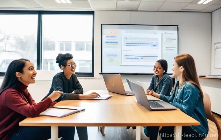 TESOL 교육의 장단점 - **A dynamic, modern classroom setting for a TESOL certification course.** A diverse group of young a...