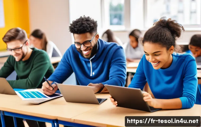 TESOL 강사가 사용하는 효과적인 방법 - A vibrant classroom scene in a modern French language school featuring diverse adult students engage...