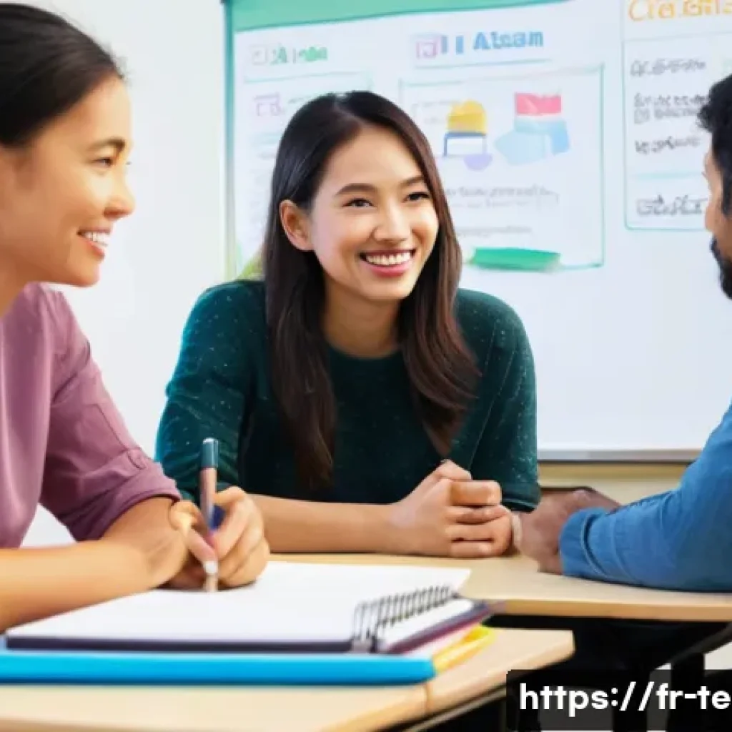 TESOL 교육에서의 문화 다양성 활용 - A diverse group of adult students in a modern classroom setting, engaged in a small group discussion...