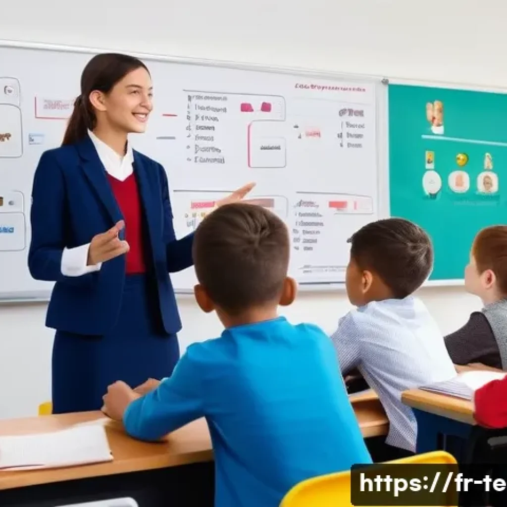 TESOL 자격증으로 가능한 미래 전망 - A professional classroom scene in a modern French primary school, featuring a certified TESOL teache...