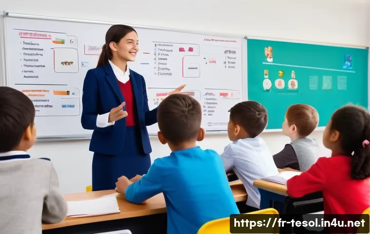 TESOL 자격증으로 가능한 미래 전망 - A professional classroom scene in a modern French primary school, featuring a certified TESOL teache...