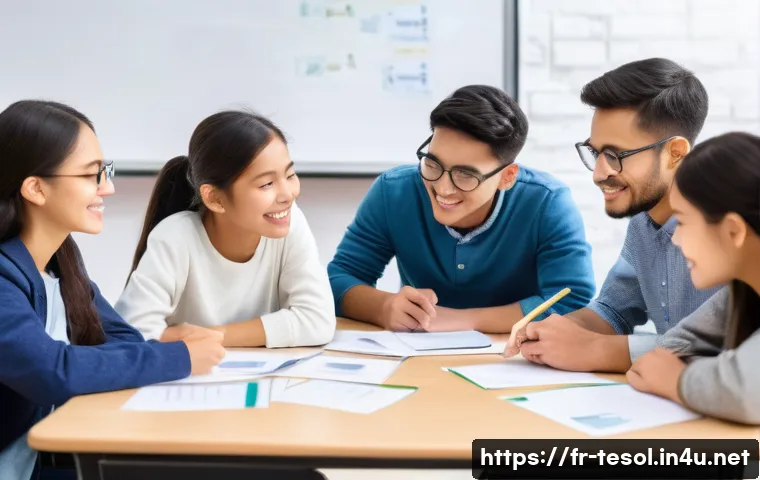 TESOL 강사가 겪는 일반적인 문제 - A diverse TESOL classroom scene showing students from various cultural backgrounds actively engaged ...