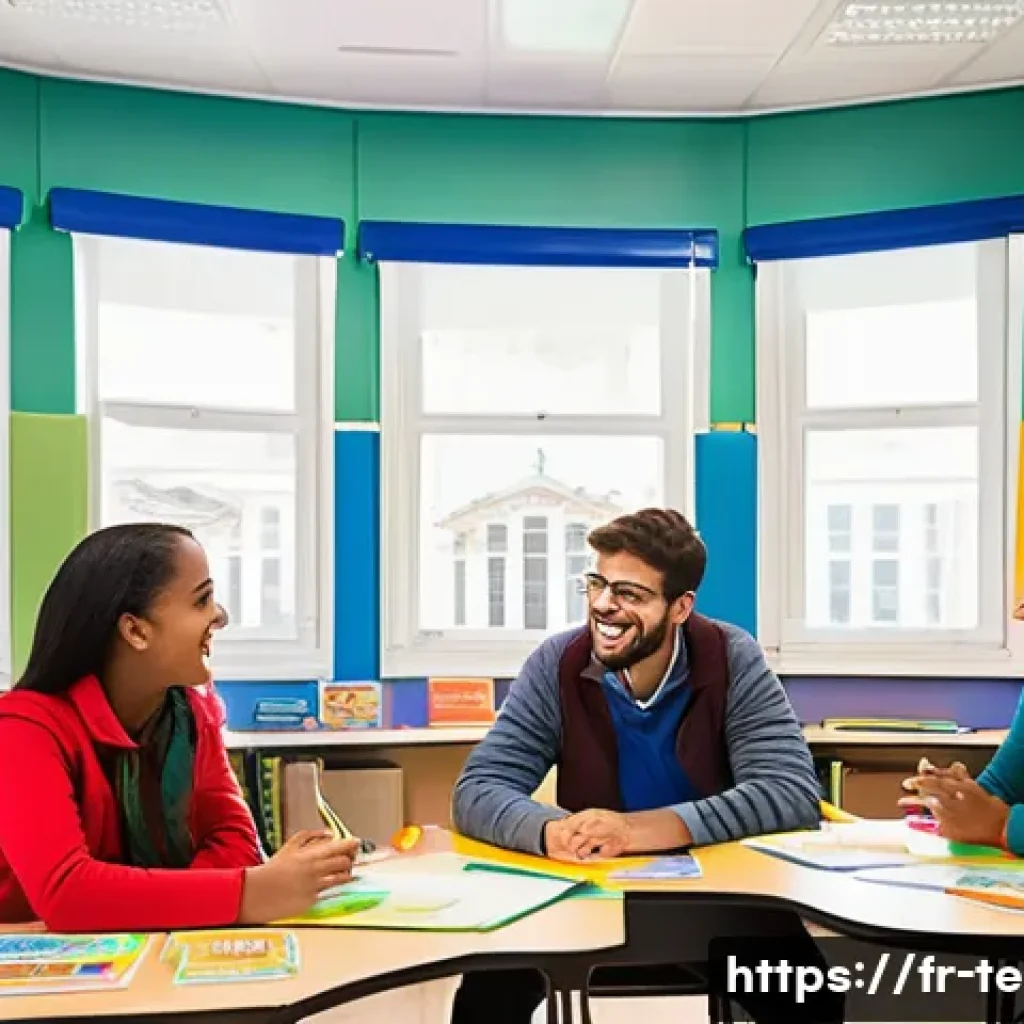 TESOL 강사가 자주 사용하는 기법 - A vibrant French language classroom scene showing diverse adult learners engaged in spontaneous oral...