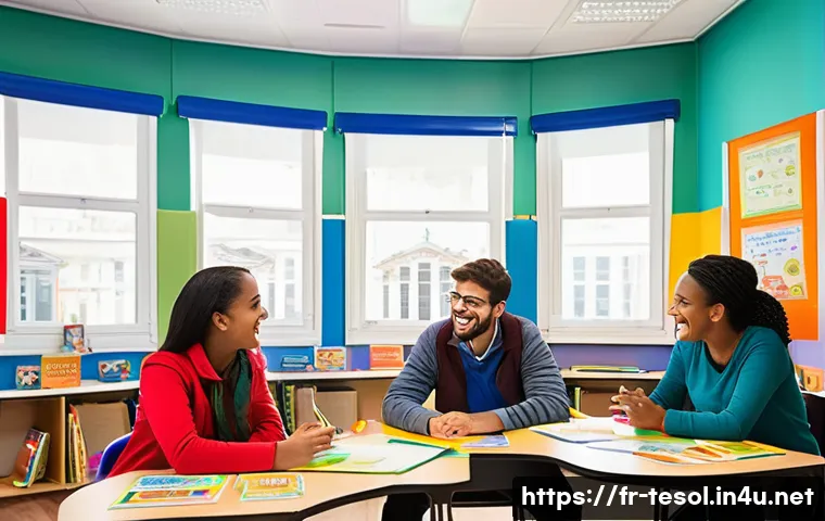 TESOL 강사가 자주 사용하는 기법 - A vibrant French language classroom scene showing diverse adult learners engaged in spontaneous oral...