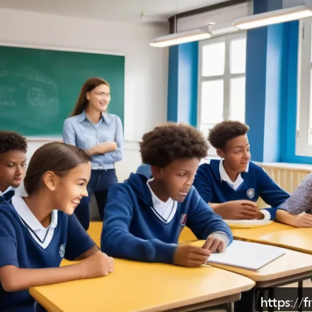 TESOL 강사가 자주 추천하는 자료 - A bright and modern French classroom setting where a diverse group of teenage students actively part...