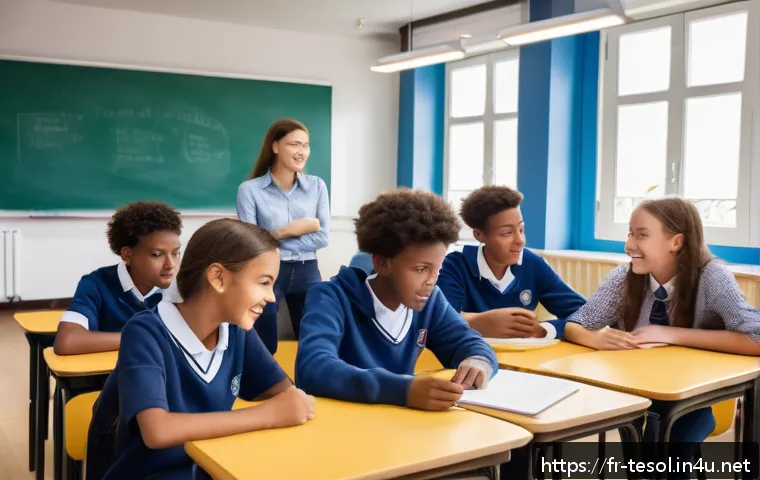 TESOL 강사가 자주 추천하는 자료 - A bright and modern French classroom setting where a diverse group of teenage students actively part...