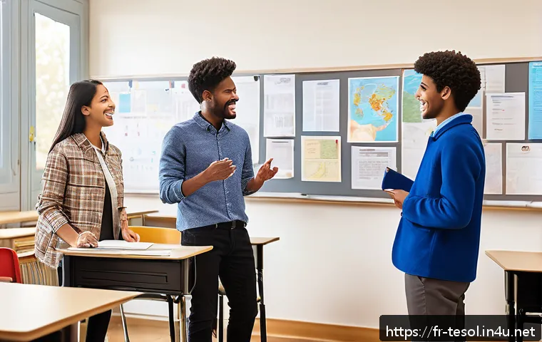 TESOL 강사로서의 윤리적 판단 - A diverse TESOL classroom scene showing students of various cultural backgrounds actively engaged in...