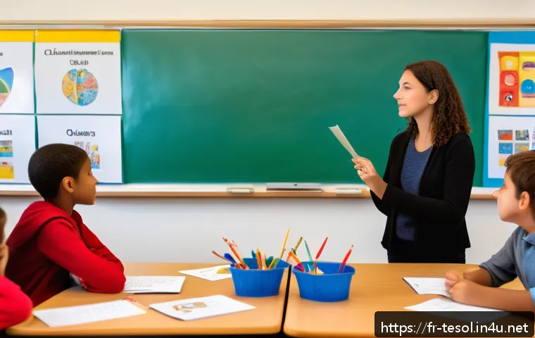 TESOL 강사로서의 사회적 책임 - A diverse TESOL classroom scene in a modern French school setting, featuring a multicultural group o...