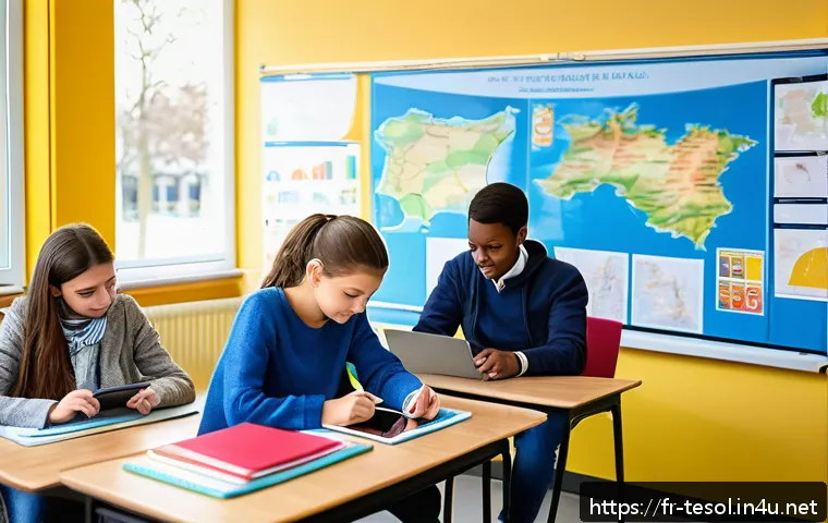 TESOL 교육에서 기술 활용하기 - A modern classroom scene in France with diverse adult learners using digital tablets and smartphones...