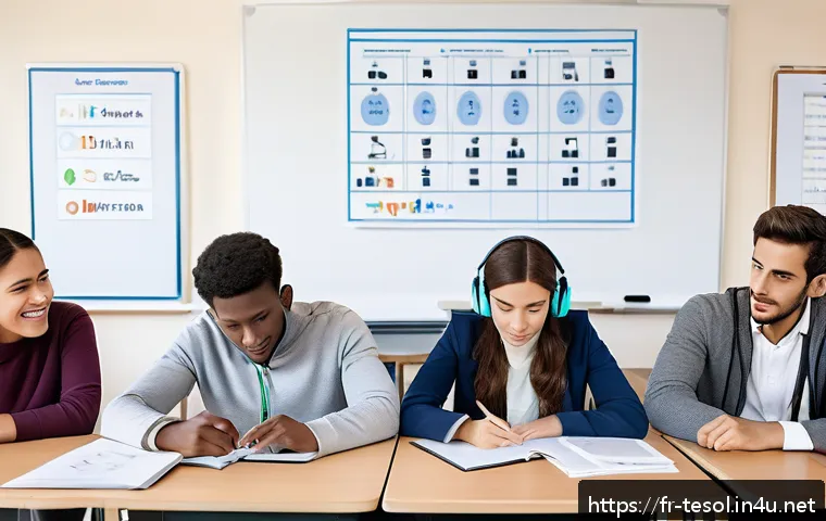 TESOL 강사가 알아야 할 언어학 지식 - A modern TESOL classroom scene featuring a diverse group of adult learners from various ethnic backg...