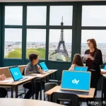 TESOL 자격증으로 창업하기 - A modern French TESOL teacher conducting a hybrid English lesson with a diverse group of adult learn...