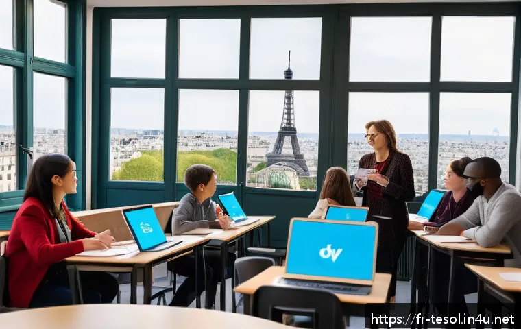 TESOL 자격증으로 창업하기 - A modern French TESOL teacher conducting a hybrid English lesson with a diverse group of adult learn...