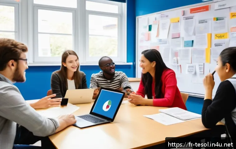 TESOL 강사로서의 학습법 소개 - A diverse classroom scene with adult TESOL learners from various cultural backgrounds actively parti...