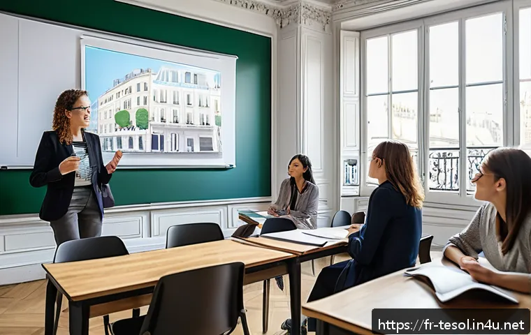 TESOL 취득 전과 후의 차이 - A diverse group of adult English language learners in a modern classroom setting in Paris, France, e...