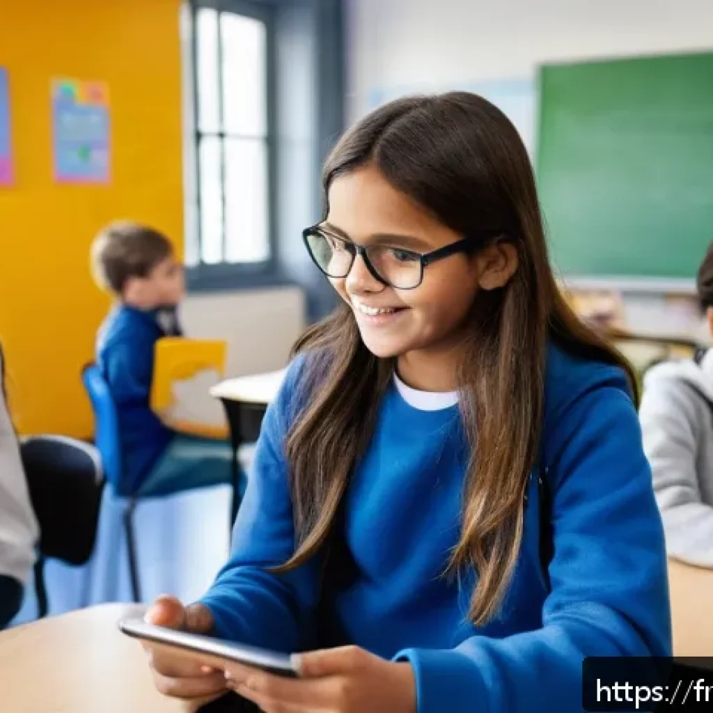 TESOL 강사로서의 성장 사례 - A modern classroom scene in a French middle school featuring diverse students using tablets and smar...