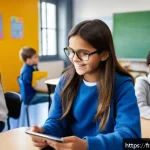 TESOL 강사로서의 성장 사례 - A modern classroom scene in a French middle school featuring diverse students using tablets and smar...