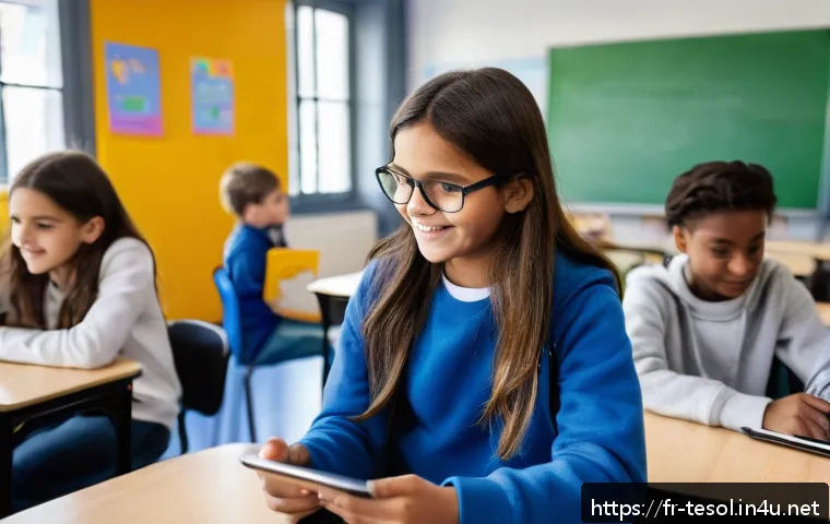 TESOL 강사로서의 성장 사례 - A modern classroom scene in a French middle school featuring diverse students using tablets and smar...