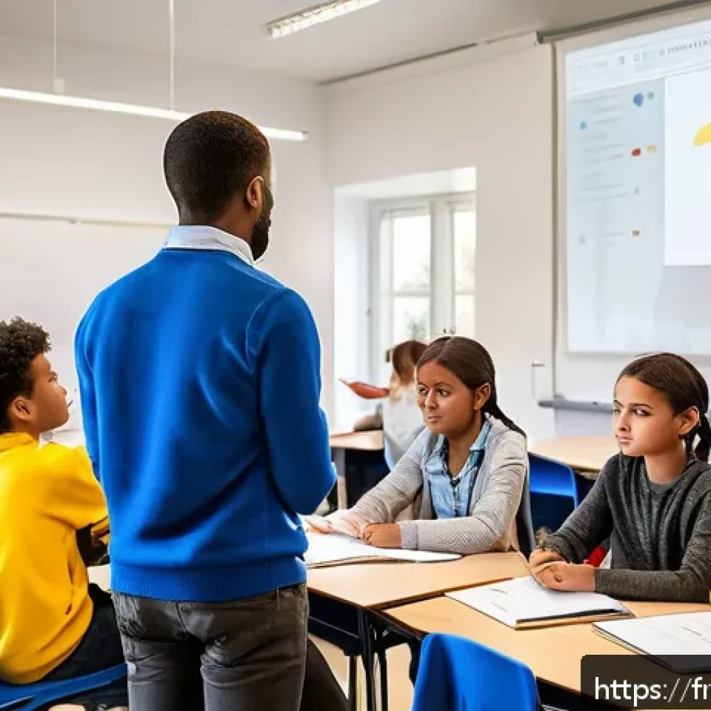 TESOL 강사가 겪는 시간 관리 문제 - A modern French classroom scene with a diverse group of students at different skill levels engaged i...