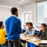 TESOL 강사가 겪는 시간 관리 문제 - A modern French classroom scene with a diverse group of students at different skill levels engaged i...