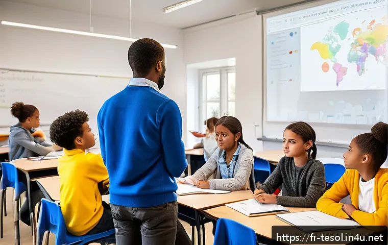 TESOL 강사가 겪는 시간 관리 문제 - A modern French classroom scene with a diverse group of students at different skill levels engaged i...