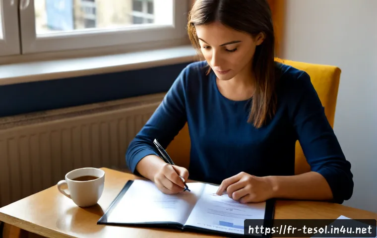 Home 17 TESOL 자격증이 필요한 이유 - Photorealistic lifestyle scene of a French adult preparing for an English teaching career, seated at...