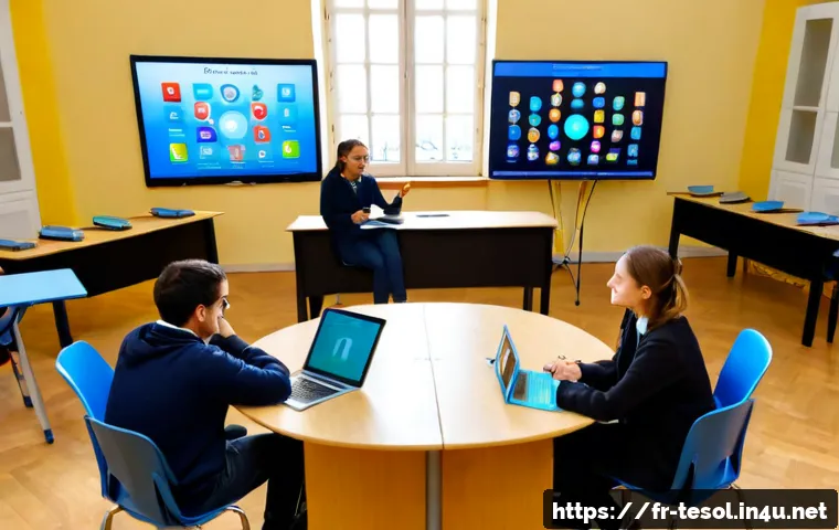 Home 17 TESOL 강사가 사용하는 최신 기술 - Photorealistic modern TESOL instructor leading an interactive English lesson in a bright French lang...