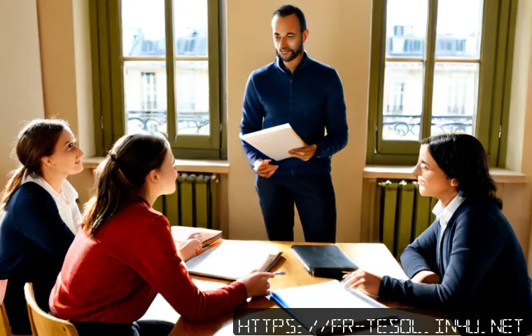 TESOL 강사로서 필요한 리더십 기술 - Photorealistic TESOL instructor demonstrating inclusive leadership in a bright French adult language...